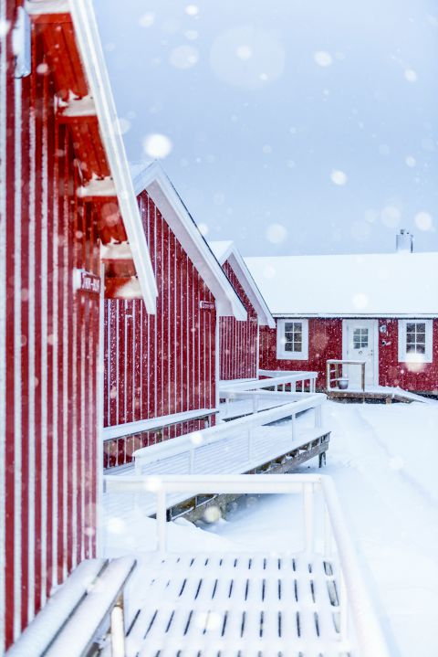 Rode hutjes in sneeuwbui